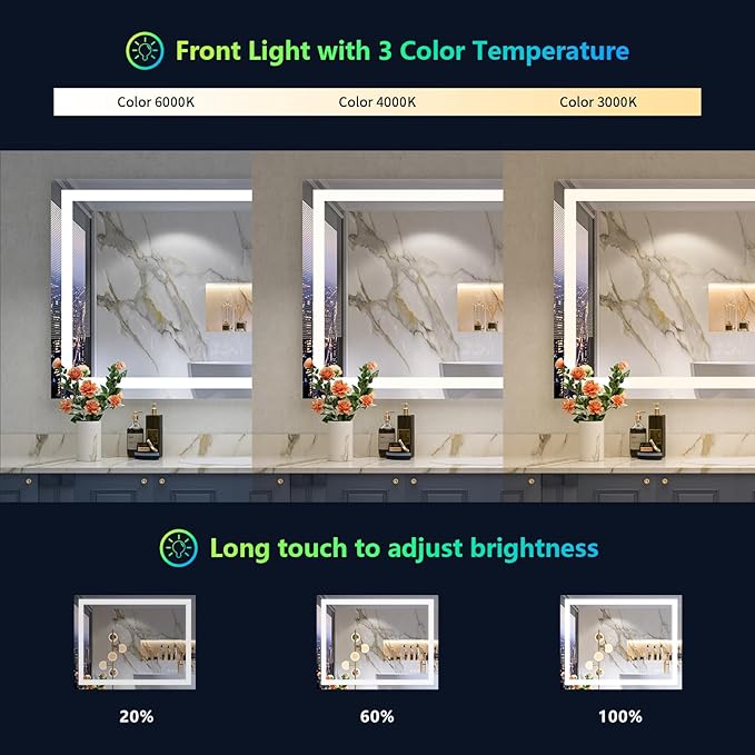 36x28 Inch RGB LED Bathroom Mirror Front Light and RGB Backlit Lighted Vanity Mirror for Bathroom Wall Mounted Dimmable Anti Fog Memory Shatter-Proof IP54 Waterproof Horizontal/Vertical