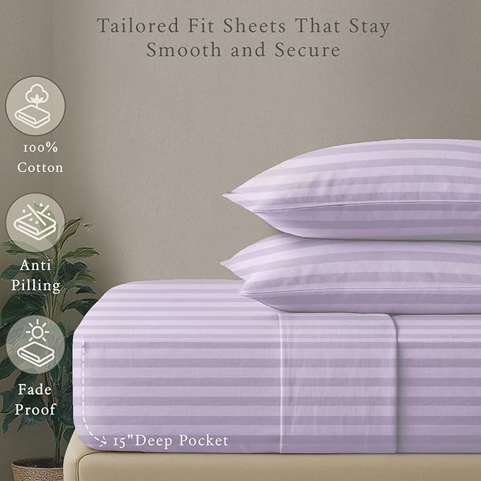Threadmill 500 Thread Count Twin Size Damask Stripe, 3 Pc Luxury Cotton Sheet Set, Breathable & Silky Soft Lilac Sheets with 15" Elasticized Deep Pocket, 1 Pillowcase & Free Tote Bag