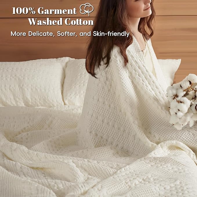 PHF 100% Cotton Waffle Weave Blanket King Size for Bed, Soft Lightweight & Breathable, All-Season Comfort, Luxury Aesthetic Woven Bedding for Home Decor, 108"x90", Ivory