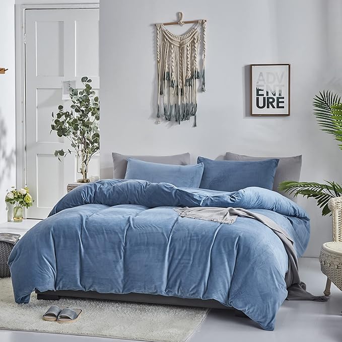 Cottonight Blue Velvet Comforter Set Queen Blue Flannel Bedding Set Queen Size Winter Blanket Quilts Modern Heavyweight Warm 3 Piece Velvet Comforter Set