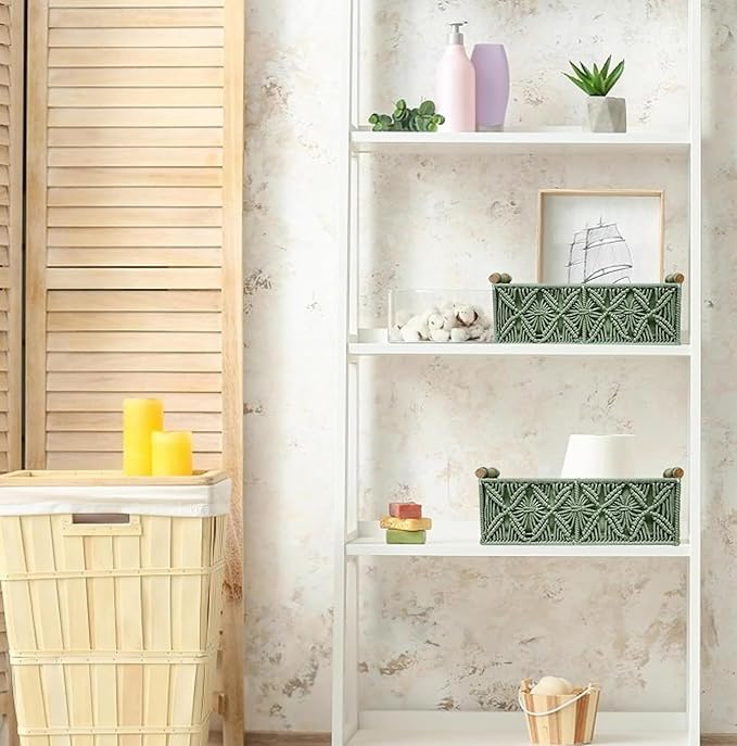 HOSROOME Macrame Boho Decor Baskets for Organizing Woven Decorative Basket for Countertop Toilet Paper Basket for Tank Top for Home Decor Bedroom Nursery Livingroom Entryway (Set of 2,Green)