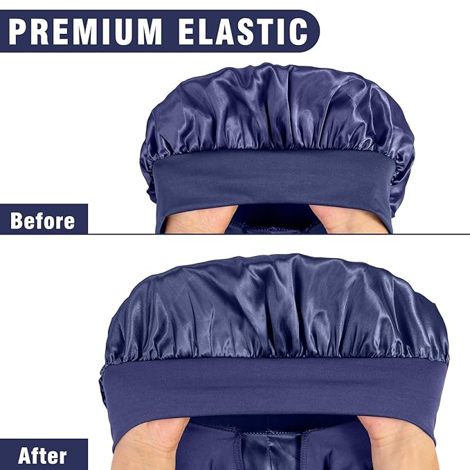 2Pcs Bonnets for Women Sleeping Braid Bonnet, Large Long Satin Silk Bonnet for Braids, Black Women Braid Bonnets with Stretchy Tie Band for Sleeping Extra Long (Brown & Dark Blue) Purple