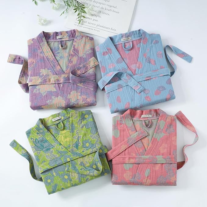 Women Cotton Double Gauze Jacquard Kimono Robe Bathrobe with Belt Pocket Comfortable Loungewear Yukata Sleepwear
