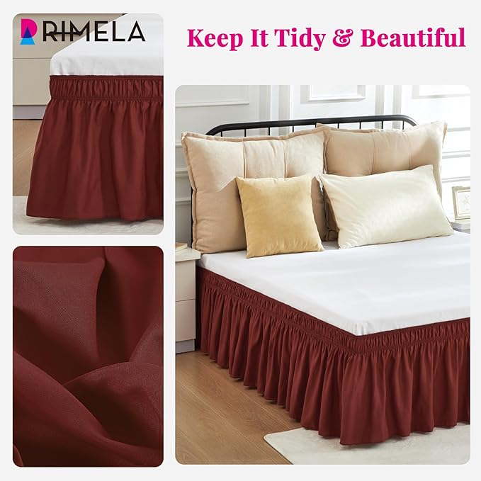 RIMELA Wine Red Bed Skirt Queen Size 15 Inch Drop, Elastic Bed Skirting for Bed Base and Frame, Bedding Dust Ruffle Easy to Install, Lightweight Wrap Around Adjustable Bedskirt