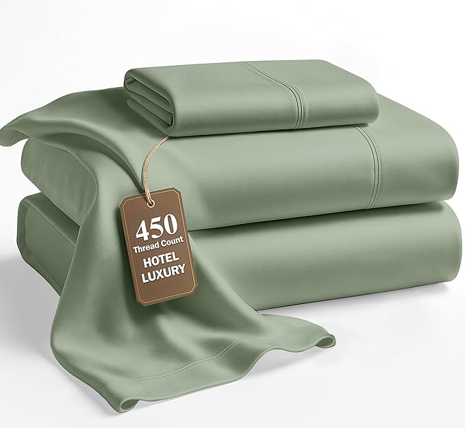 Lane Linen 100% Cotton Sheets - 450 Thread Count, 3 Pc, Long Staple Twin XL Soft Satin, Bedding, Breathable Cooling Sheets- Iceberg Green