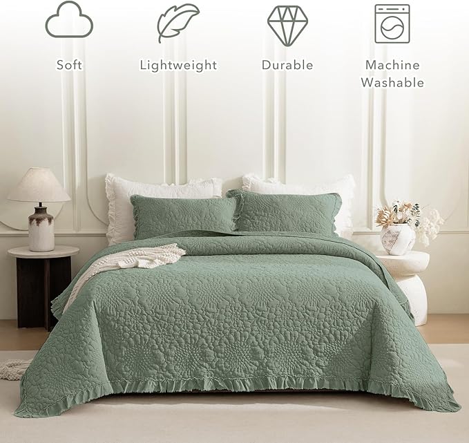 QSH 3PCs Olive Green Oversized King Quilt Bedspread Set(120"x120"),Stonewashed Cotton Ruffled Quilt California King,Ultra Soft Lightweight Crinkled Shabby Bedspread Coverlet Bed Set for All Seasons