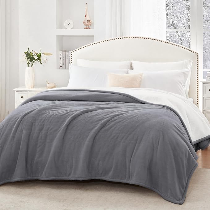 SEALY Electric Blanket Twin Size, Flannel & Sherpa Heated Blanket with 10 Heating Levels & 1-12 Hours Auto Off, Machine Washable, Light Grey, 62"x 84"
