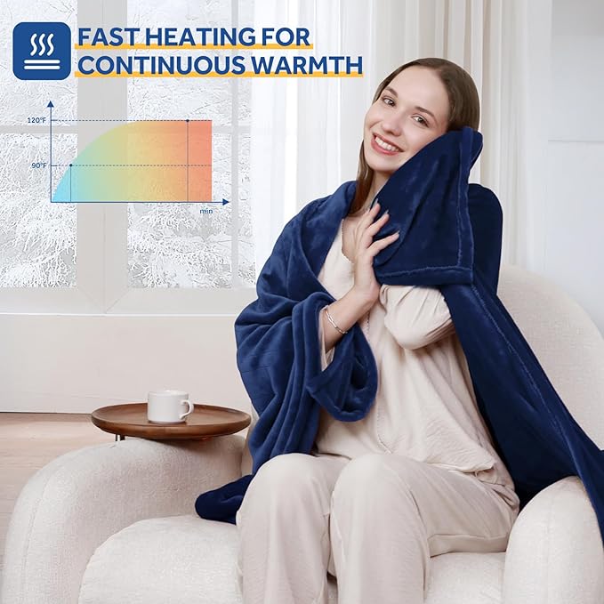 Sealy Heated Blanket Electric Throw 50"x60", Soft Double Flannel Electric Blanket with 6 Heat Levels & 2-10 Hours Auto Shut Off, Machine Washable, Even Heat Distribution, Navy