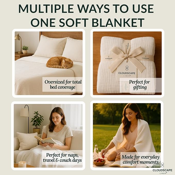 Cloud Scape Linen Extra Large 8 Layer Muslin Throw Blanket - 100% Cotton Gauze, Soft and Breathable, Winter Blanket for Couch, Sofa and Bed, Idea, 50x70, White