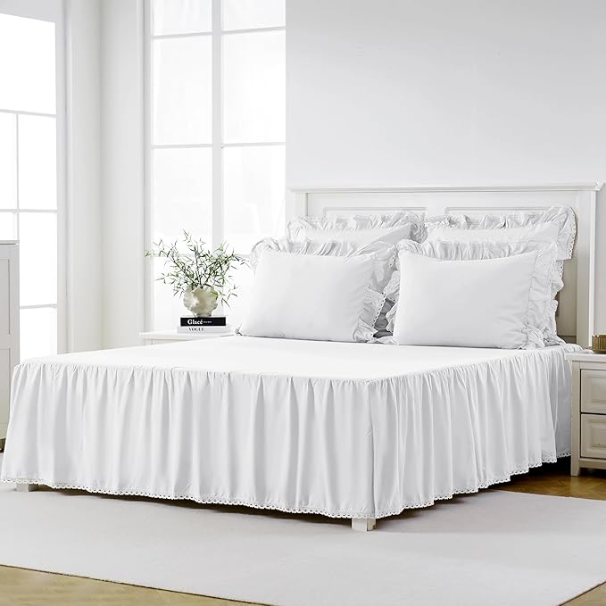 Twin Size 18" Drop - White Lightweight Cotton Bed Skirt with Crochet Edge - Dust Ruffle with Split Corner - Soft, Elegant, Breathable Bedding Accessory