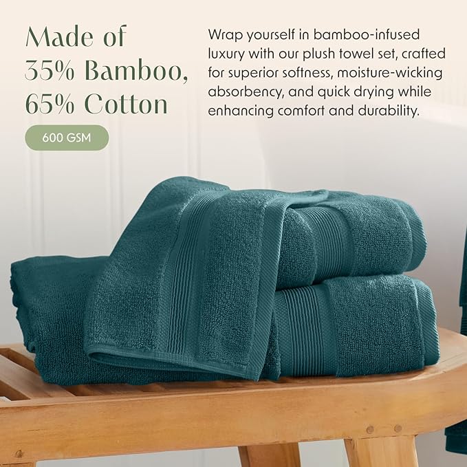 Springtree Home Luxury Viscose from Bamboo Bath Towel Set 6 Piece Set | 35% Viscose from Bamboo - 65% Cotton | Absorbent Quick-Dry Towels for Bathroom | Oeko-TEX Standard 100 Cotton | Deep Teal