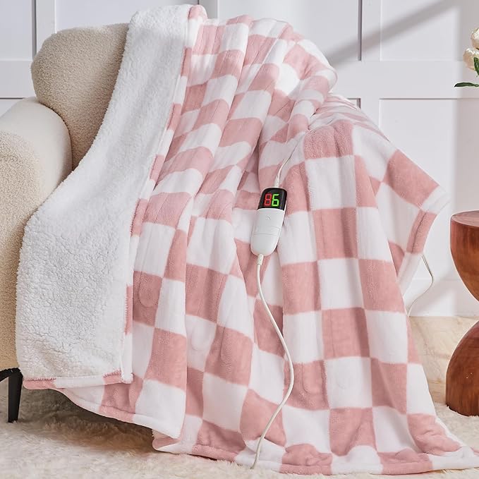 Light Pink Heated Blanket Electric Throw, 50X60 Heating Blanket with 10 Heat Levels & 8 Hours Auto Off for Lap, Checkered Plaid Soft Sherpa Blankets Warmer Gifts for Couch Grandma Women Adults