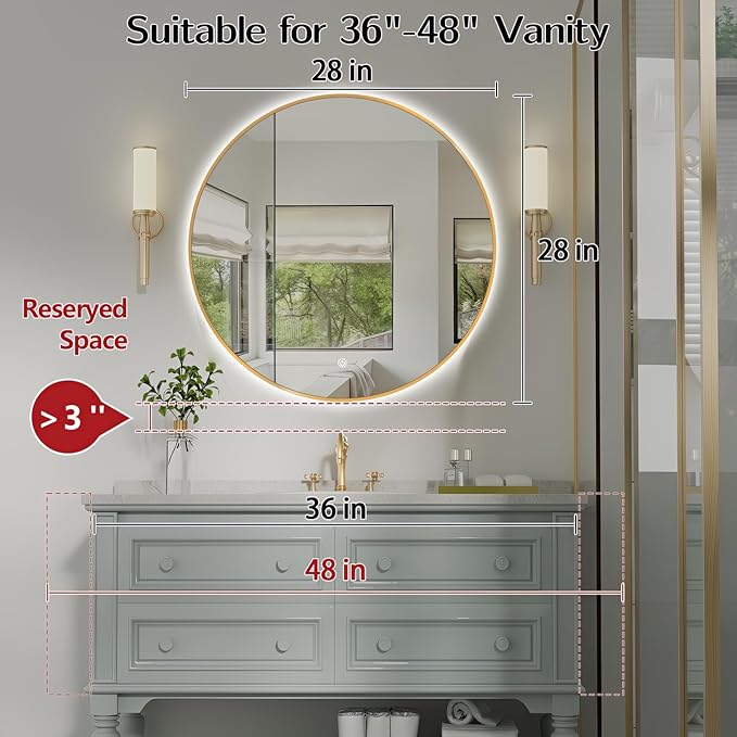 Niccy 28" LED Backlit Round Mirror for Bathroom, Gold Framed Vanity Light Wall Mirror LED Smart Circle Mirrors with 3 Lighting Colors, Dimmable Lighted Mirror with Anti-Fog, IP65 Waterproof