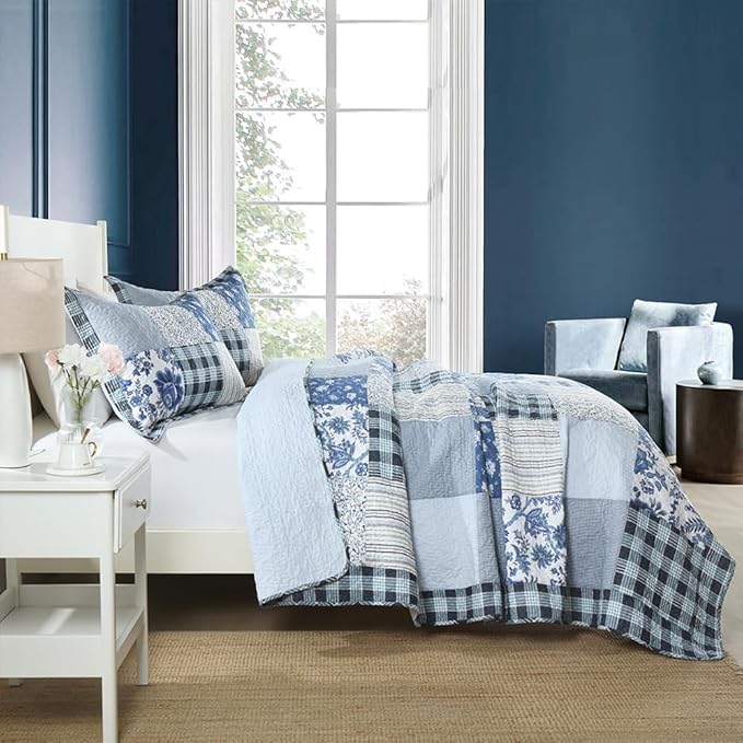 Cotton Bedspread Quilt Bedding Sets 3 Pieces Reversible Coverlet Sets Comforters Rustic Floral Patchwork Blue White Bedspread, King Size