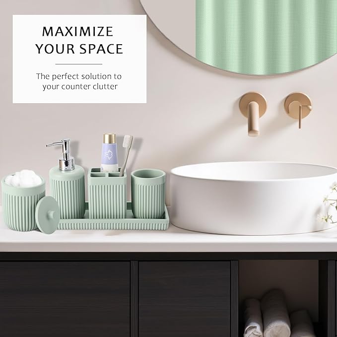 8-Piece Light Green Bathroom Set - Resin Bathroom Accessories Sets Complete with Shower Curtain and Rugs, Soap Dispenser, Toothbrush Holder, Tumbler & Vanity Organizer