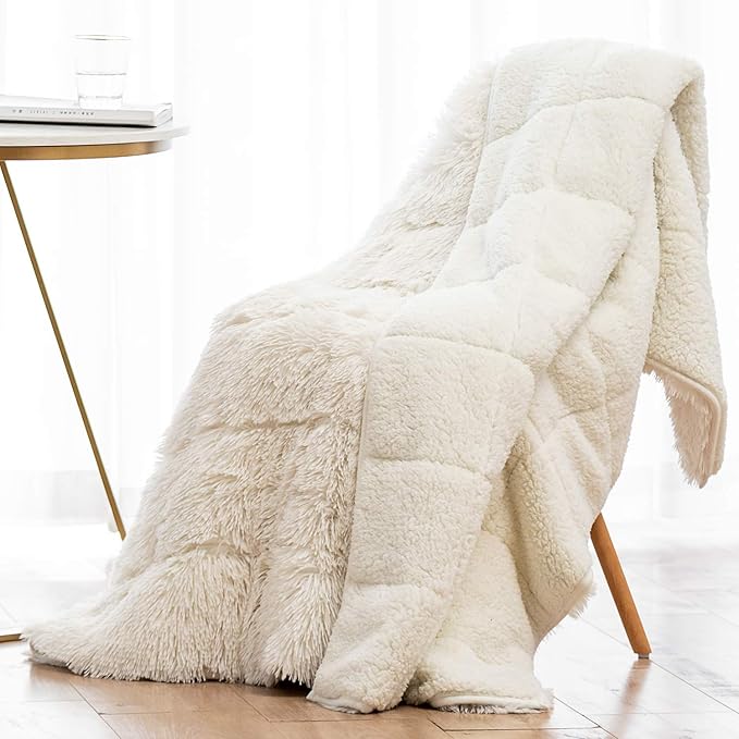 Wemore Shaggy Long Fur Faux Fur Weighted Blanket, Cozy and Fluffy Plush Sherpa Long Hair Blanket for Adult 10lbs, Fluffy Fuzzy Sherpa Reverse Heavy Blanket for Bed, Couch, Cream White, 48 x 72 Inches