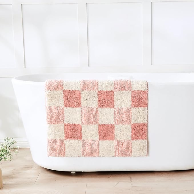 CozeCube Bath mats for Bathroom Non Slip, Fluffy Absorbent Microfiber Bath mat Washable, Aesthetic Bathroom Rugs, Long Blossom Pink Checkered Bath mat, Blossom Pink, 47" x 24"