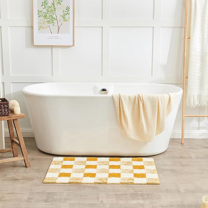 CozeCube Bath mats for Bathroom Non Slip, Fluffy Absorbent Microfiber Bath mat Washable, Aesthetic Bathroom Rugs, Large Harvest Gold Checkered Bath mat, Harvest Gold, 36" x 24"