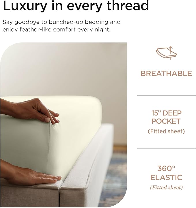 Threadmill 100% Cotton Sheets for Twin Size Bed - 600 Thread Count Twin Bed Sheets Set with 15” Deep Pocket - Sateen Weave 3-Piece Bedding Set with Cooling Effect, Ivory