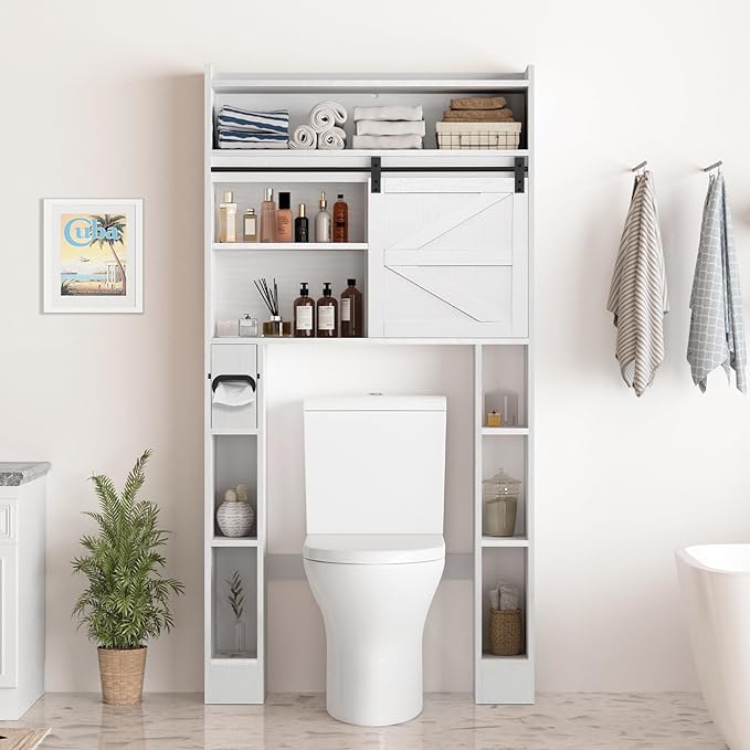 Over The Toilet Storage Cabinet, 32.5'' Wide Bathroom Storage Cabinet with Sliding Barn Door, Freestanding Over Toilet Storage Shelf, White