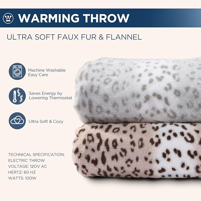 Westinghouse Heated Throw Blanket, Leopard Electric Throw Blanket, Luxury Faux Fur to Flannel Reversible, 6 Heating Levels & 2-10 Hours Time Setting, Machine Washable(Throw, 50"x60")