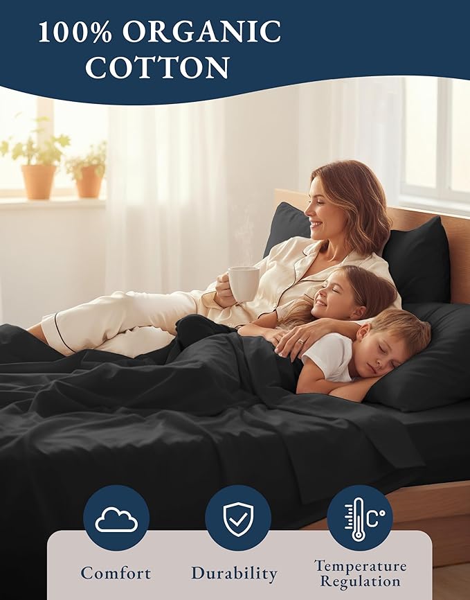 LANE LINEN 100% Organic Cotton Bed Sheets King Size, Soft & Comfy Fully Elasticized Percale Bedding Sheets & Pillowcase Set, Low Pilling Machine Washable King Sheet- Black Sheets