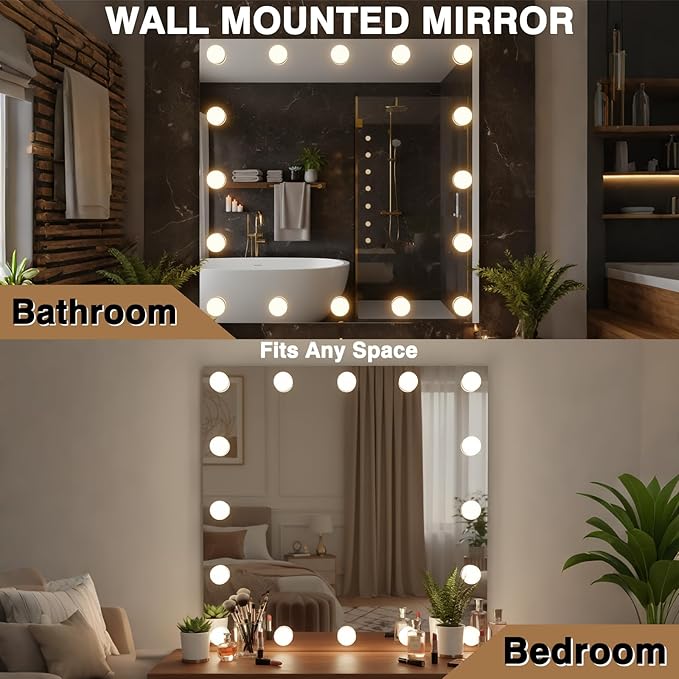 40x28 Hollywood LED Bathroom Vanity Mirror with Dimmable Bulbs, 3 Lighting Modes, Fogless Mirror, Shatter-Proof, Corrosion Proof, Smart Mirror, Memory, Wall Mountable, Horizontal/Vertical