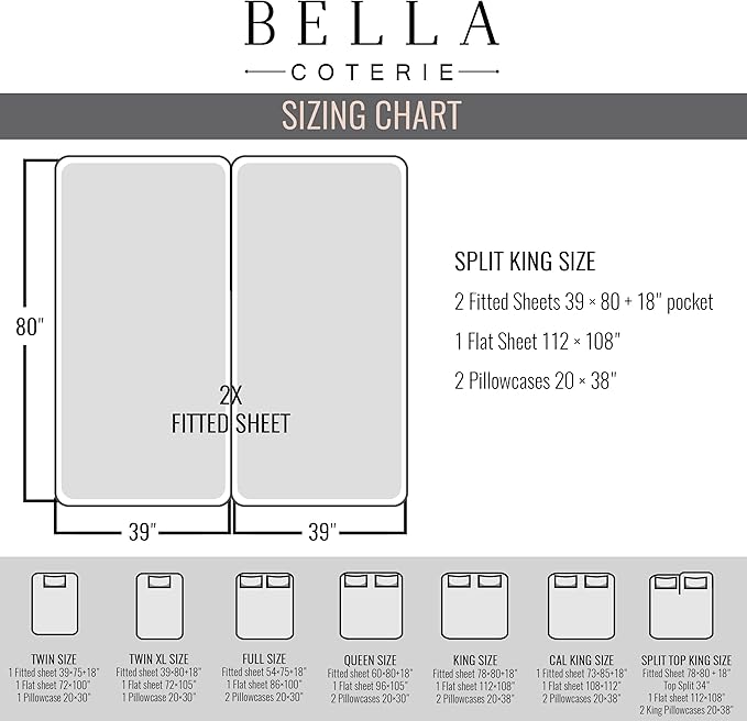 Bella Coterie Luxury Bamboo Viscose Split King Size Sheet Set | 2 Fitted Sheets for Sleep Number & Adjustable Beds | 100% Organically Grown | Cooling & Ultra Soft | 18” Deep Pocket [Mocha]