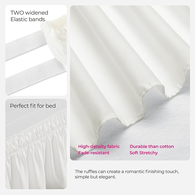RIMELA Dorm Bed Skirt Twin XL 46 Inch Drop, Easy to Install Extra Long Wrap Around Elastic Dust Ruffle, Warm White Bedskirt Solid Silky Fabric Machine Washable (Twin XL 80“L x 39”W & Twin 75“L x 39”W)
