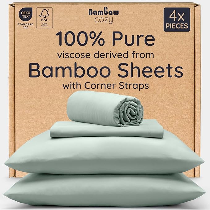 Bambaw King Sheets Set 4pcs – 100% Viscose Derived from Bamboo Sheets King Size Deep Pocket, Fits Up to 16'', Luxury Bedding, Super Soft & Cooling Sheet Set (Sea Glass)