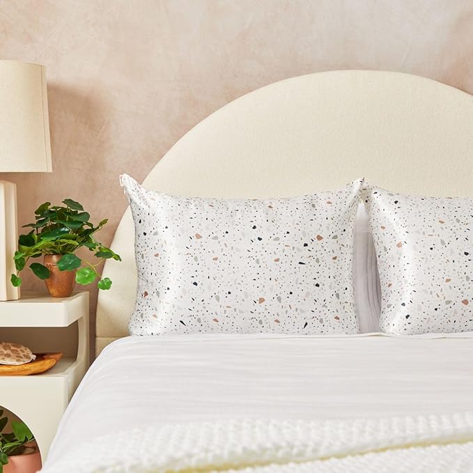 Kitsch Satin Pillowcase with Zipper for Hair & Skin, Softer Than Silk Pillow Cases Queen, Wrinkle-Free, Smooth and Cooling Satin Pillow Covers, Standard Size 19"x26", White Terrazzo