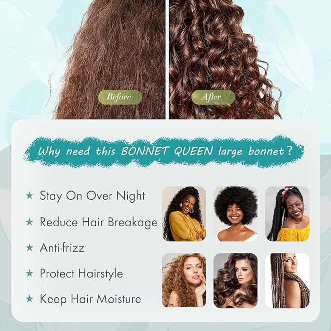 BONNET QUEEN Silk Bonnet for Sleeping Women Big Satin Bonnet Night Sleep Cap Wrap for Curly Hair with Adjustable Tie Band, Single Layer, Large, Aqua Blue