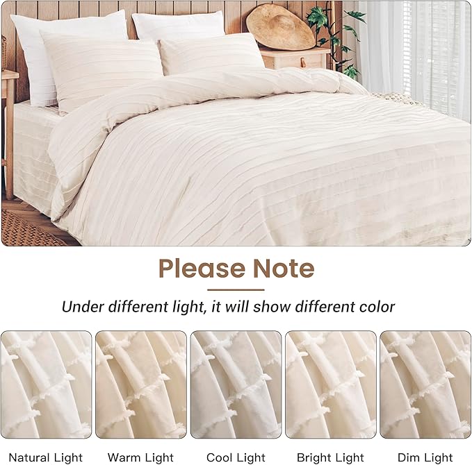 NEXHOME PRO Duvet Cover Full Size, Light Khaki 3 Pieces Boho Tufted Duvet Cover Set, Soft and Lightweight Microfiber Comforter Cover Set for All Season (Light Khaki Full, 80 x 90)-No Comforter