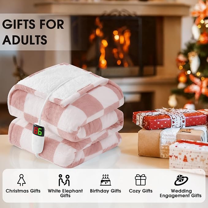 Light Pink Heated Blanket Electric Throw, 50X60 Heating Blanket with 10 Heat Levels & 8 Hours Auto Off for Lap, Checkered Plaid Soft Sherpa Blankets Warmer Gifts for Couch Grandma Women Adults