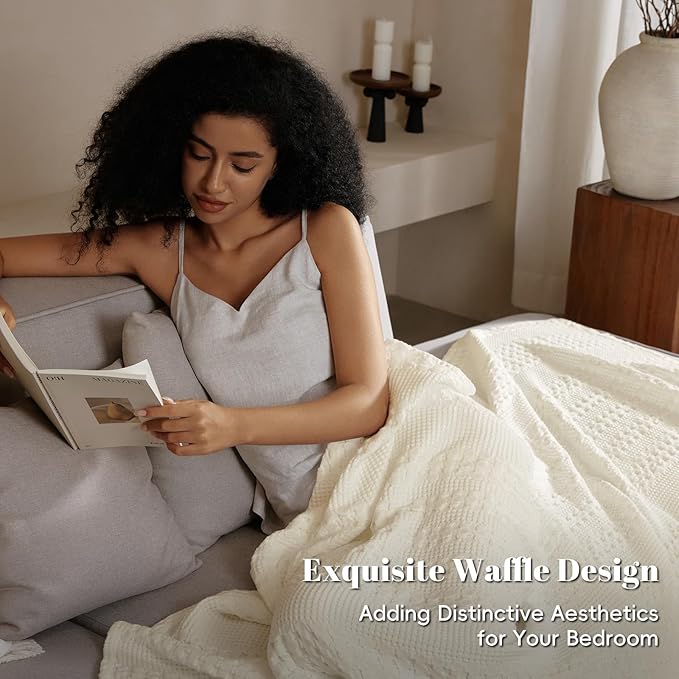 PHF 100% Cotton Waffle Weave Blanket Queen Size for Bed, Soft Lightweight & Breathable, All-Season Comfort, Luxury Aesthetic Woven Bedding for Home Decor, 90"x90", Cannoli Cream