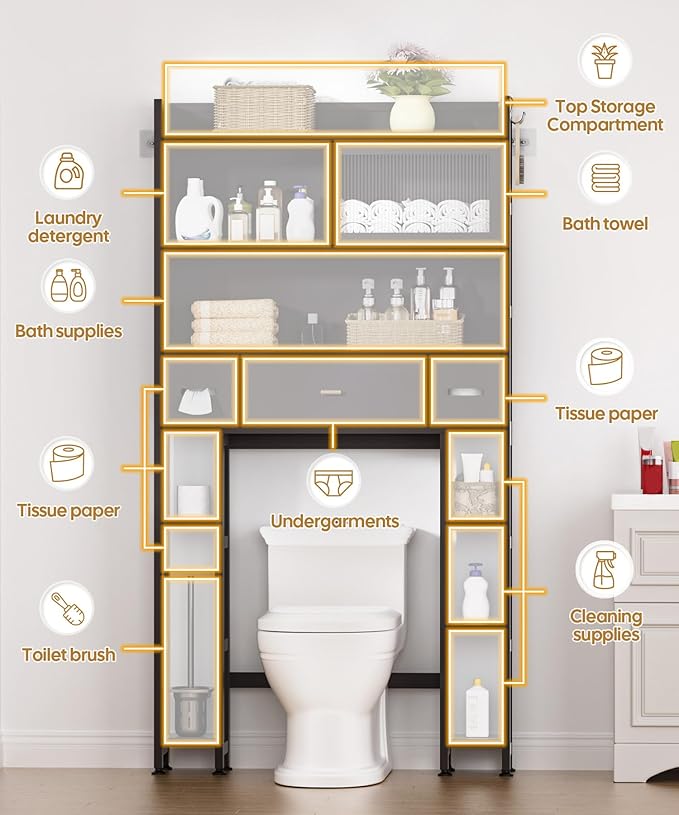Over The Toilet Storage Cabinet with Acrylic Sliding Door Panel, Bamboo Organizer Shelf with 2 Paper Drawers and 1 Big Drawer,Space Saver Rack for Bathroom (Brown)