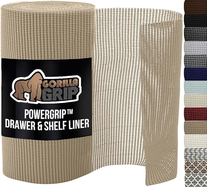 GORILLA GRIP powerGRIP Drawer Shelf and Cabinet Liner, Thick Strong Hold, Non-Adhesive Liners Protect Kitchen Cabinets and Cupboard, Bathroom Drawers, Easy Install, Breathable Mat, 12" x20', Beige