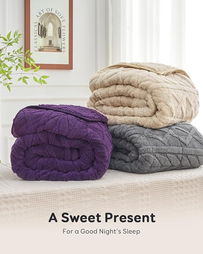 Sivio Weighted Blanket Full Size 15 lbs for Adults, Sherpa Fleece Weighted Blanket Jacquard Heavy Blanket for Sleeping, Reversible Super Soft Warm Cozy Fluffy Blanket for Adult， 48 x 72inches, Khaki