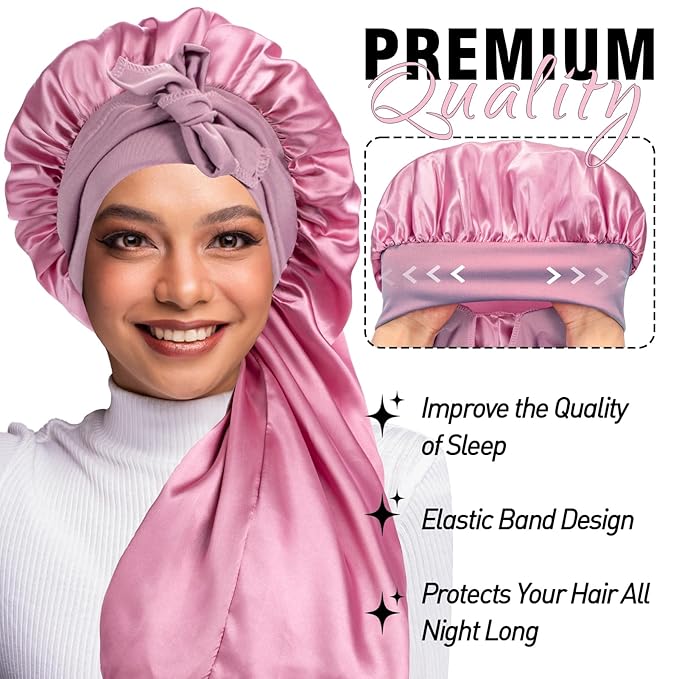 3Pcs Bonnets for Black Women Braid Bonnet, Large Long Satin Bonnet for Braids, Black Women Satin Silk Bonnet with Stretchy Tie Band Sleep Bonnet Cap for Long Curly Hair (Black & Dark Blue & Rose Pink)