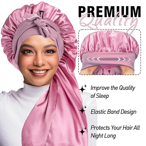 3Pcs Bonnets for Black Women Braid Bonnet, Large Long Satin Bonnet for Braids, Black Women Satin Silk Bonnet with Stretchy Tie Band Sleep Bonnet Cap for Long Curly Hair (Black & Dark Blue & Rose Pink)