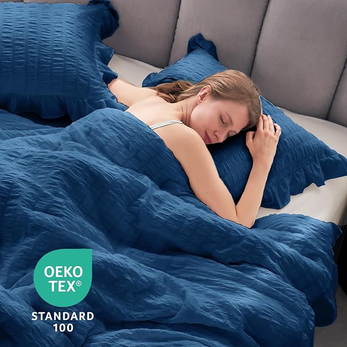 JOLLYVOGUE Teal Twin Size Comforter Set, 2 Pieces Seersucker Lightweight Fluffy Bedding Set, Twin Ruffle Comforter, All Season Soft Microfiber Shabby Chic Bed Set