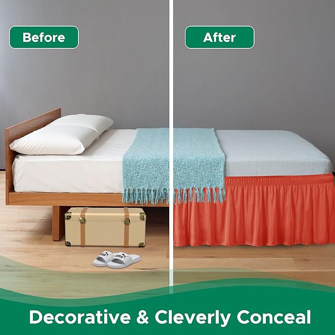 Biscaynebay Wrap Around Bed Skirts with Adjustable Belts for Twin & Twin XL Beds 15" Drop, Coral Elastic Dust Ruffles with Adjustable Belts Silky Luxrious Fabric Machine Washable