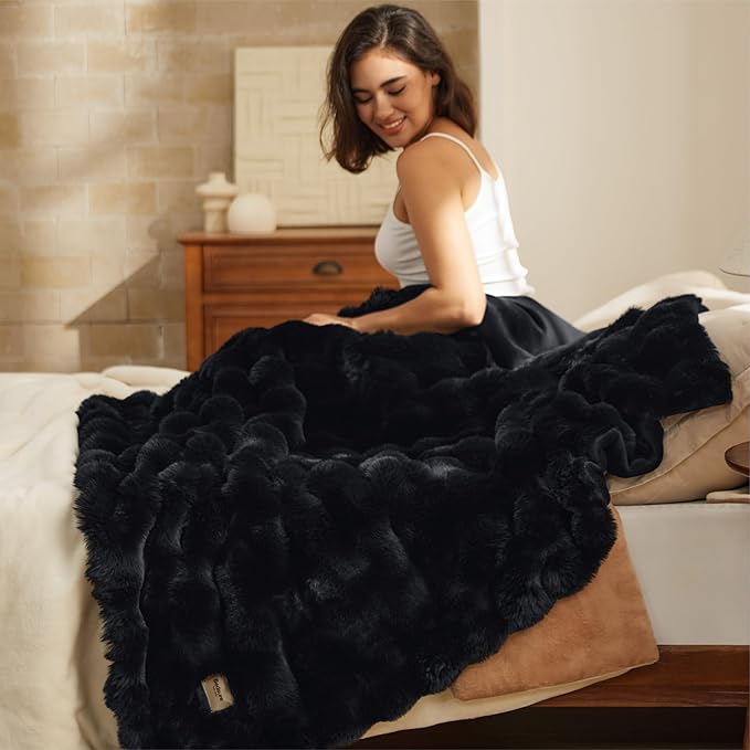 Bedsure GentleSoft Fluffy Faux Fur Blanket Twin Size, Fuzzy Soft Bubble Blanket for Couch, Home Decor Gifts for Bedroom Living Room, Thick Furry Cozy Gifts for Women, Black, 60x80 Inch