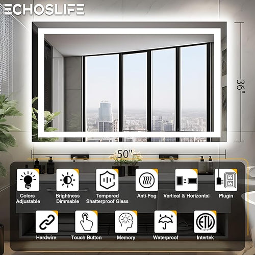 50"x36" Lighted Mirrors for Bathroom Wall, Anti-Fog LED Vanity Mirror, Shatter-Proof, 3 Colors Memory Mirror (Horizontal/Vertical)