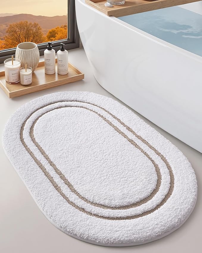 DEXI Oval Bath Mats for Bathroom, 24x36 Absorbent Bath Mat, Washable Microfiber Bathroom Rug with Non Slip Backing for Shower Floor, Beige