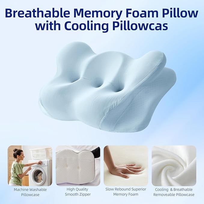 Cervical Neck Pillow for Sleeping, Dual-Height Contour Pillow for Neck Pain Relief, Butterfly Ergonomic Memory Foam Neck Support Pillow with Cooling Breathable Cover for Side Sleepersr, Queen Blue
