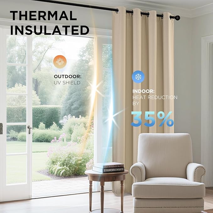 Joydeco Blackout Curtains 95 Inches Long 1 Panel, Thermal Insulated Long Curtains& Drapes 1 Piece, Room Darkening Grommet Drapes for Living Room Bedroom Window (W70 x L95 Inch, Light Beige)
