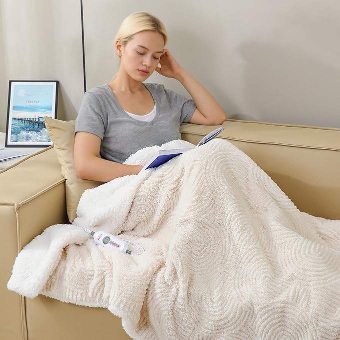 Heated Blanket Full Size - 72"x84" Cozy Soft Jacquard Heating Blanket with 4 Heat Levels & 10 Hours Auto-Off, Jacquard Fleece, Overheating Protection, Warm Gifts, Cream