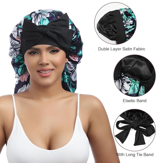 AWAYTR Long Satin Bonnet for Women - Double Layer Elastic Silk Bonnet for Braids Hair Sleeping Cap with Tie Band (Flower D)