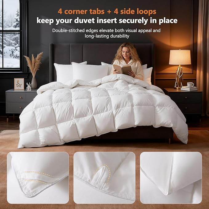 DROVAN Goose Feather Down Fiber Comforter Full Size - 100% Cotton Duvet Insert with 8 Corner Loops - Luxurious All-Season Hotel Collection, 82x86 Inch